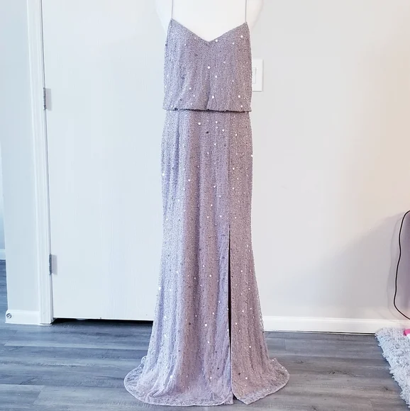 Adrianna Papell Lilac Gray Sequin Beaded long Dress - Picture 4 of 14